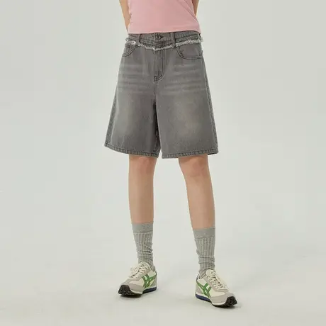 omont蛋挞家 复古牛仔短裤春季高腰直筒显瘦五分裤图片