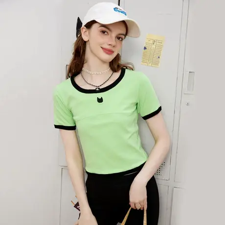 a02原创复古撞色短袖夏季显瘦短款上衣修身短款圆领女式T恤商品大图