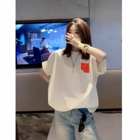 白色潮牌中长款大版短袖t恤女2025新款夏宽松超火遮屁股半袖上衣商品大图