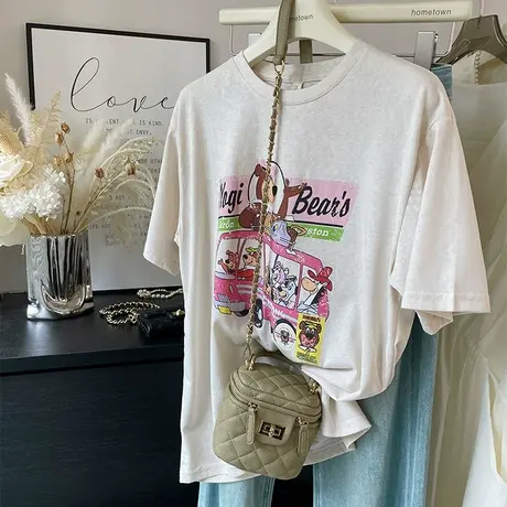 凉爽薄款宽松显瘦雪花棉卡通印花短袖T恤女 青春减龄杏色体恤图片