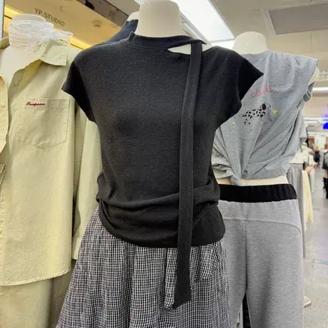 辣妹飞飞袖T恤女夏季韩版修身内搭打底衫飘带拼接设计感短袖上衣图片