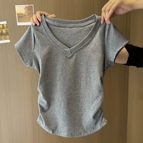 小个子短款V领正肩短袖T恤女夏季修身韩版打底衫内搭外穿半袖上衣商品大图
