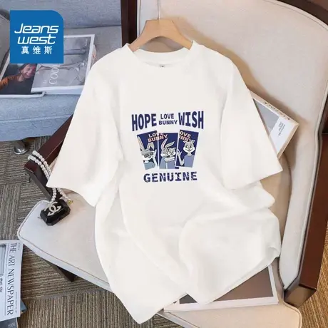 KMV真维斯白色纯棉短袖t恤女士2025新款夏季宽松半袖独特印花上衣商品大图