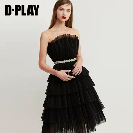 DPLAY德帕拉冬季新品气质黑网纱压褶水钻腰带装饰无袖礼服裙商品大图