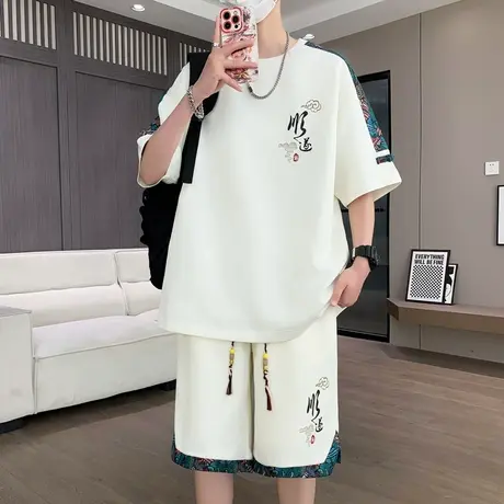 2025夏季新款男士休闲运动套装国风潮流时尚宽松短袖短裤两件套潮图片