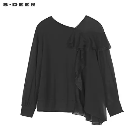 sdeer圣迪奥女22春夏新品V领蕾丝网纱拼接不规则长袖T恤S221Z0229图片