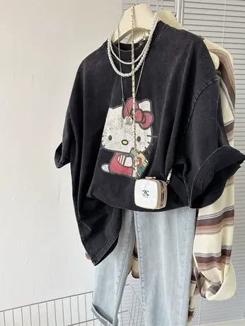 2024春夏复古做旧砂洗棉好品质女装上衣宽松大码卡通半袖打底T恤商品大图