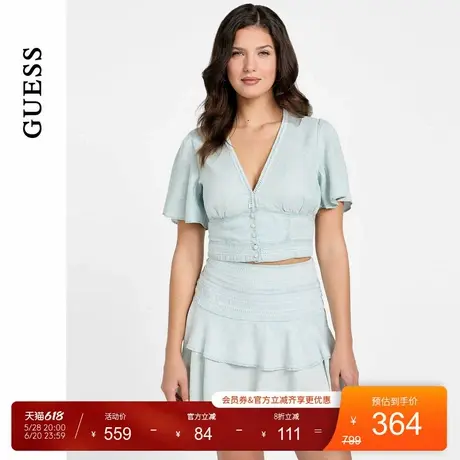 GUESS25年新款夏季女士V领纯色气质收腰短款上衣-W5GH82D5N81图片