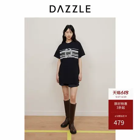 DAZZLE地素奥莱 休闲裤春夏女装黑色复古松紧腰工装风直筒短裤商品大图