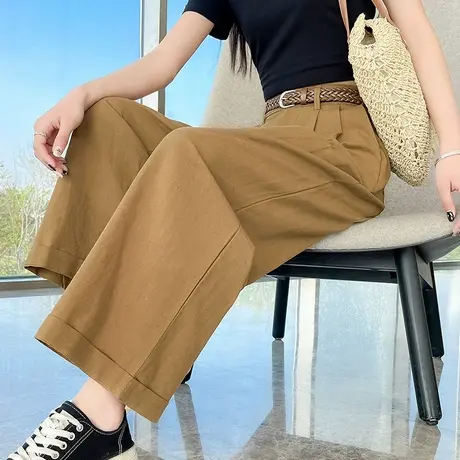 卡其色棉麻阔腿裤女春秋新款高腰宽松小个子八九分亚麻休闲直筒裤图片
