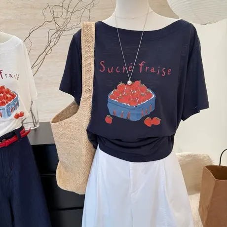 韩系斜肩草莓印花雪花棉短袖t恤女2025夏季新款宽松百搭薄款上衣图片