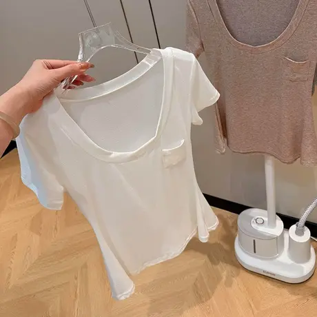 纯欲性感U领正肩短袖T恤女夏季修身韩版口袋设计感紧身收腰上衣潮商品大图