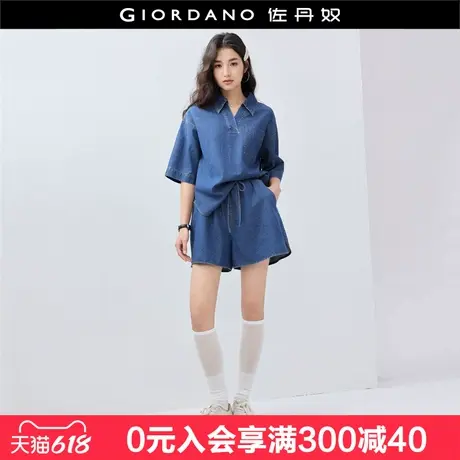 设计师款佐丹奴牛仔短裤女夏新款洗水丹宁松紧腰抽绳短裤18405602商品大图