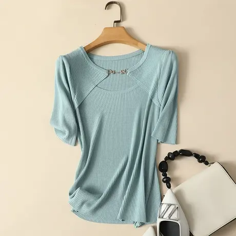 冰丝针织衫短袖t恤女2023春夏新款圆领短款显瘦薄款打底衫女上衣商品大图