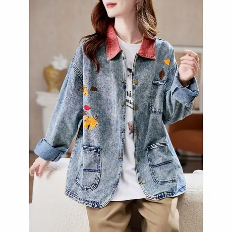 宝诗黎翻领刺绣拼接牛仔外套2025春季韩版宽松大码洋气休闲女装图片