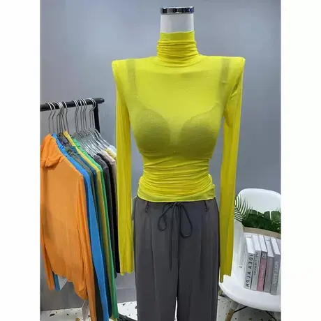 多色入~高领堆堆袖打底衫女内搭紧身性感薄款透视百搭长袖t恤上衣图片