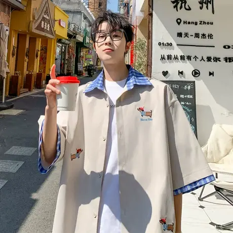 短袖衬衫男夏季新款刺绣休闲上衣服oversize潮牌美式宽松半袖衬衣图片