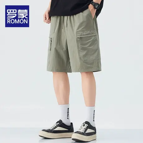 罗蒙男士休闲短裤夏季薄款2025新款系绳直筒宽松纯色工装五分中裤图片