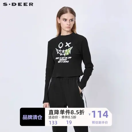 sdeer圣迪奥女装罗纹圆领字母胶印不规则长袖T恤S21380221🆔商品大图