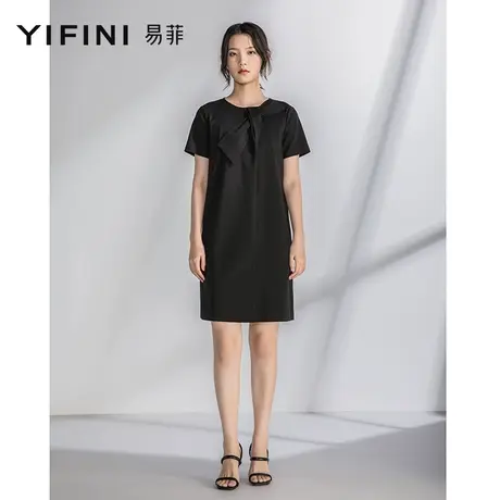 Yifini/易菲直筒黑色短袖连衣裙女夏季新款优雅气质连衣裙商品大图