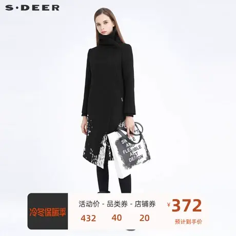 sdeer圣迪奥不规则领撞色印花斜襟毛呢大衣女外套S20481838🔷商品大图