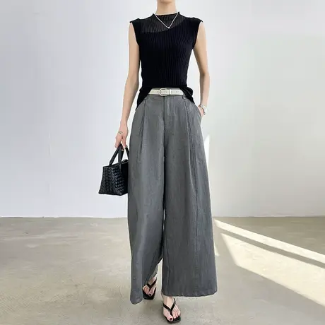 烟灰色亚麻休闲牛仔裤女夏季薄款高腰宽松九分小个子直筒阔腿裤子商品大图