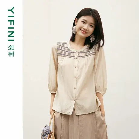 [专柜同款]Yifini/易菲七分袖圆领打揽宽松短款套头小衫春秋新款商品大图