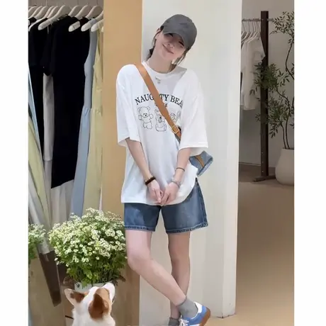韩系卡通夏季穿搭白色印花宽松短袖t恤女小个子宽松显瘦慵懒上衣商品大图