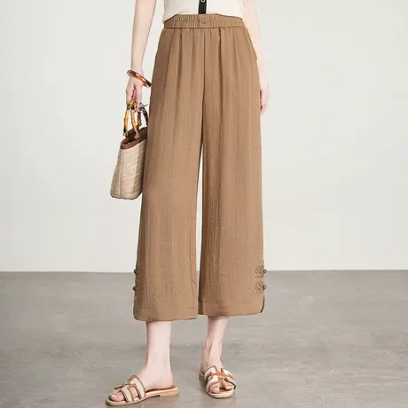 中式盘扣阔腿裤女2025夏季新款松紧腰宽松显瘦九分裤休闲直筒裤子商品大图