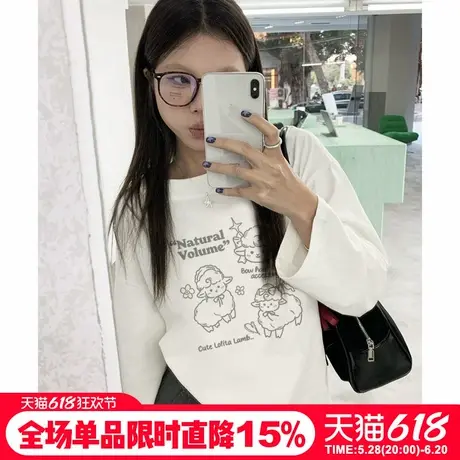 chic可爱风宽松纯棉白色长袖t恤女超好看通勤百搭正肩打底衫上衣图片