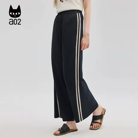 a02针织织带运动裤女2025新款夏季直筒裤黑色裤子宽松休闲下装商品大图