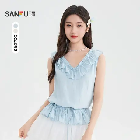 三福短衬衫2025夏季抽绳收腰荷叶边V领法式上衣女装503647商品大图
