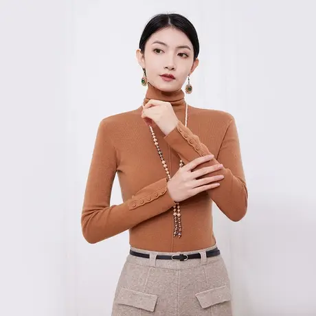 希区瑞普百搭合体堆堆领修身袖口纽扣羊毛打底针织衫商品大图