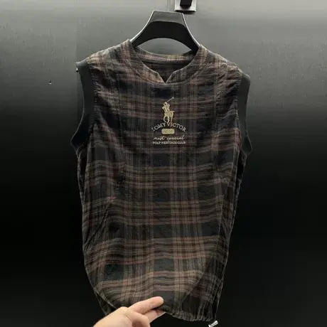 2025夏季新款男士格子无袖背心时尚潮流休闲运动上衣服男装T恤衫图片