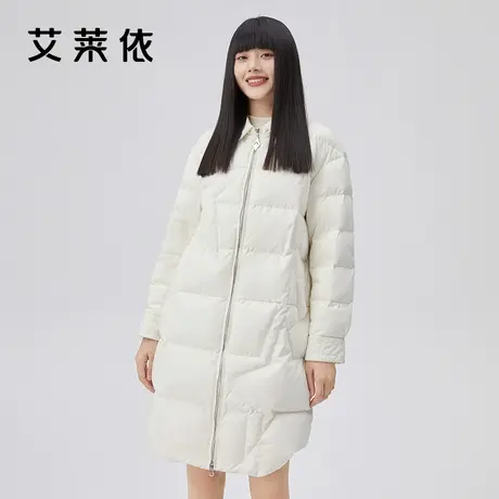 艾莱依新款中长款羽绒服女装秋冬季衬衫领时尚设计感高端保暖外套图片