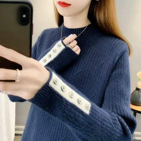 秋装女2023年新款半高领套头软糯系毛衣拼接针织打底衫女内搭洋气图片