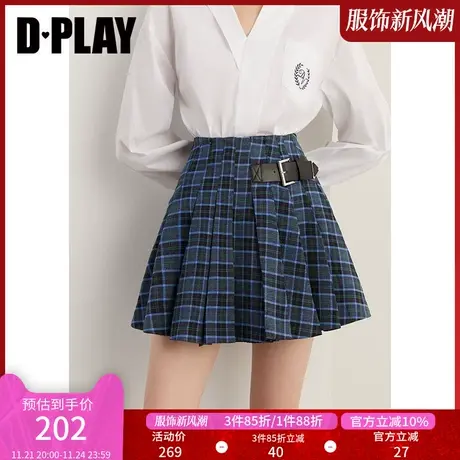 DPLAY冬学院风藏青格纹皮搭扣搭片百褶裙防走光裤里半身裙商品大图