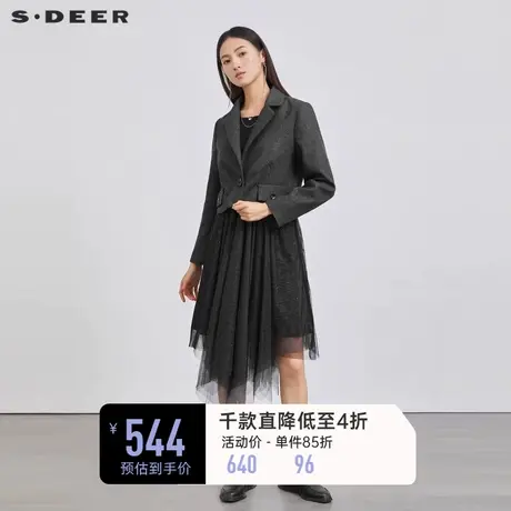 sdeer圣迪奥女装时尚网纱毛呢西装连衣裙套装S223Z1453🔽商品大图