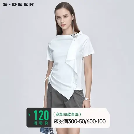 sdeer圣迪奥夏装休闲圆领绑带不规则短袖T恤女S21280105图片