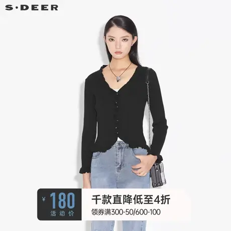 sdeer圣迪奥秋季复古V领木耳边毛衣针织开衫女S21363535图片