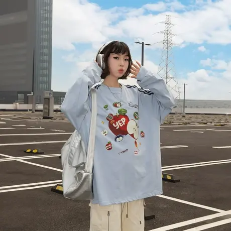 YEP卡通印花条纹卫衣女春秋2025新款插肩袖宽松复古圆领套头上衣图片