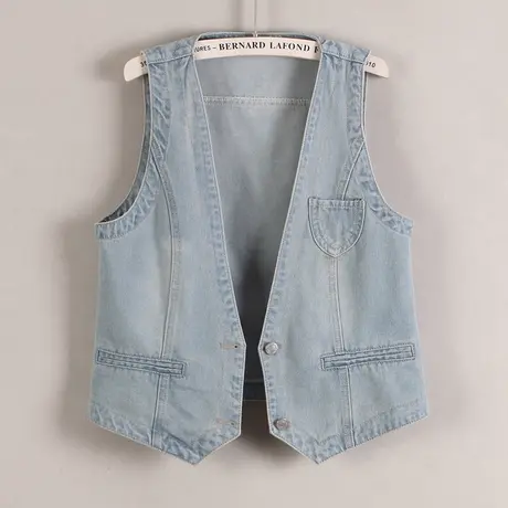 牛仔马甲女背心短款2025春秋新款无袖休闲小外搭修身v领坎肩浅蓝商品大图