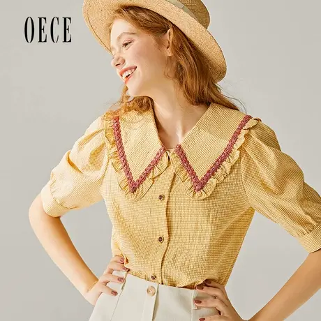 Oece夏装新款女装 清爽沁甜复古减龄花边娃娃领短袖细格上衣商品大图