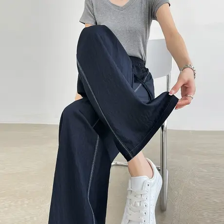 侧明线速干阔腿裤女夏季薄款高腰宽松垂感肌理感藏青色防晒直筒裤商品大图