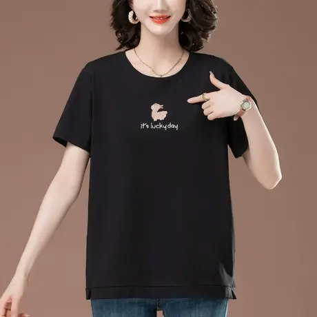 短袖T恤女夏季宽松加肥加大码女装中年妈妈休闲刺绣遮肚显瘦体恤图片