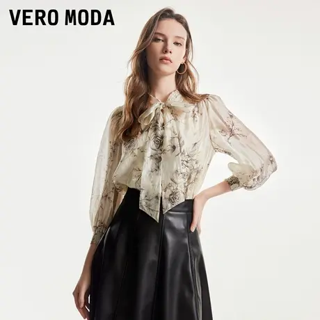 Vero Moda奥莱衬衫女春秋新款印花薄纱泡泡袖口气质飘带上衣商品大图