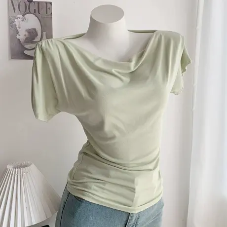一字领褶皱修身洋气百搭荡领短袖上衣露肩慵懒显瘦T恤图片