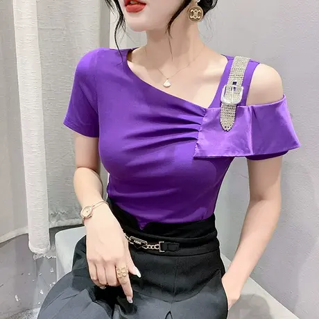 性感露肩T恤女短袖2024夏装新款设计感不规则上衣时尚斜领小衫潮商品大图