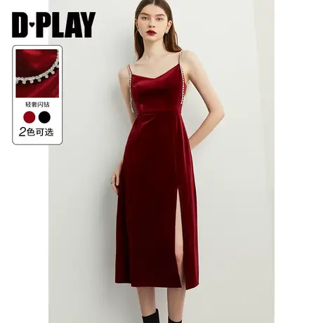 DPLAY秋装新轻奢闪钻酒红色丝绒高开衩吊带连衣裙礼服裙商品大图