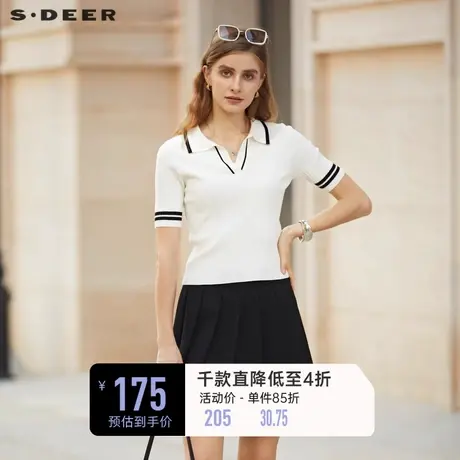 sdeer圣迪奥女装V领撞色修身polo短袖针织衫S232Z3533♉商品大图